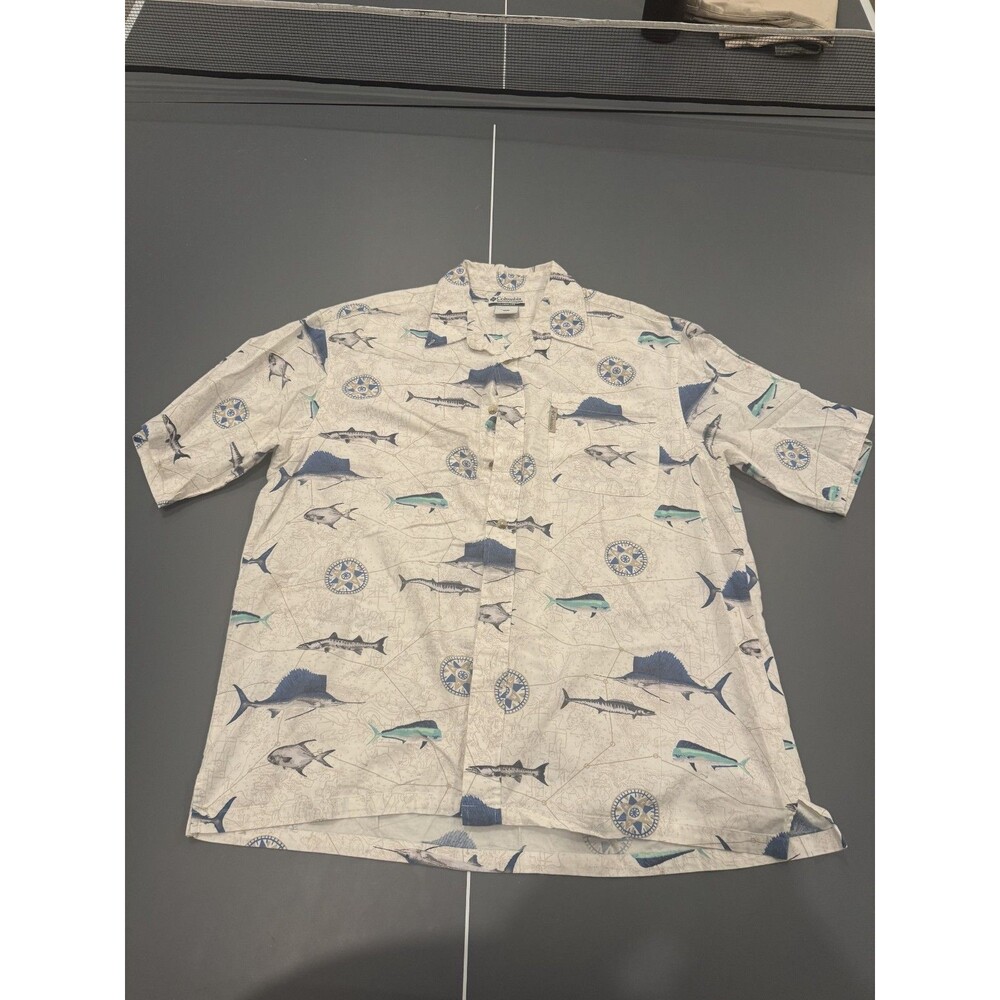 Columbia Mens XL Short Sleeve Button Down Shirt Marlin Fishing Beach Boat Print